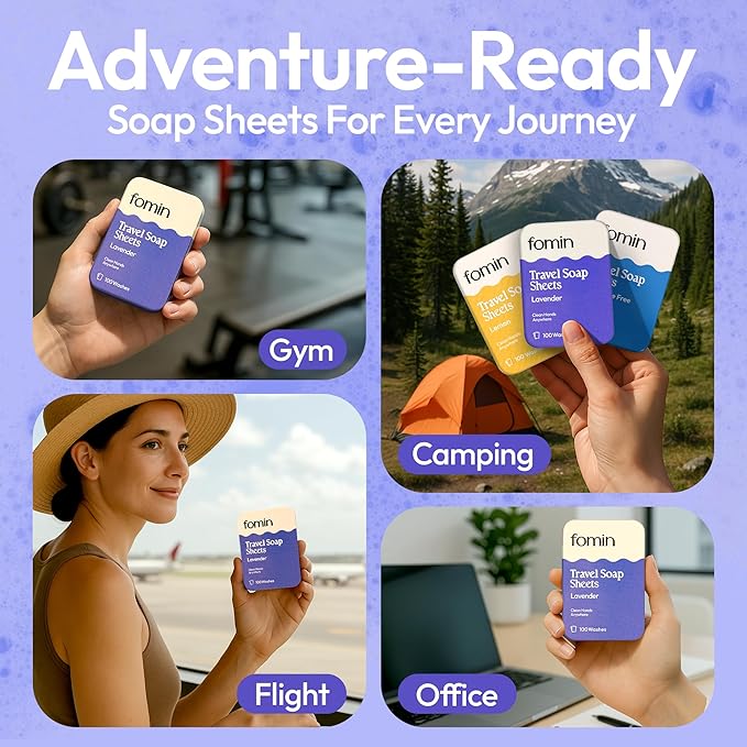 FOMIN - Antibacterial Paper Soap Sheets Tin for Traveling - (300 Sheets) Variety Pack (Unscented, Lemon, Lavender) Portable Travel Hand Soap Sheet, Dissolvable Mini Camping Hand Soap for Hand Washing