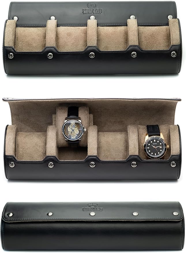 Watch Roll Travel Case 4 slots – Leather Watch Case Storage for Travel – Black Full Grain Cow Leather (Beige Interior)