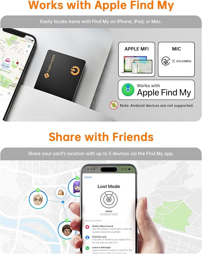 NOVOO Air Locator Tag (iOS Only) Wallet Tracker Card with Find My, Smart Card Bluetooth Tracker, 6 Years Battery, IP68 Waterproof, 1.6mm Keys Finder and Item Locator for Keys, Bags, Passport(2 Pack)