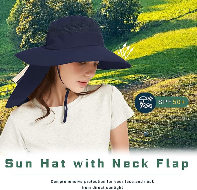 Fishing Hat Breathable Wide Brim Sun Hats with Neck Flap Bucket Hat Outdoor Safari Hat for Men Women UPF 50+ Sun Protection