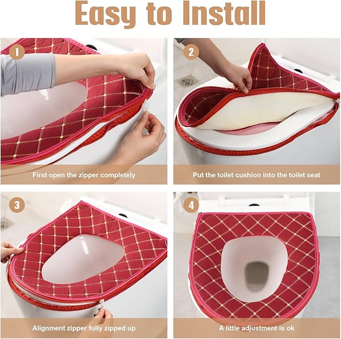 Riakrum 4 Pcs Toilet Seat Covers Pads for Bathroom Comfortable Toilet Seat Cushion Cover Soft Thicker Warmer Washable Pad with Zipper Home Reusable(Cute,Yellow, Red, Gray, Orange)