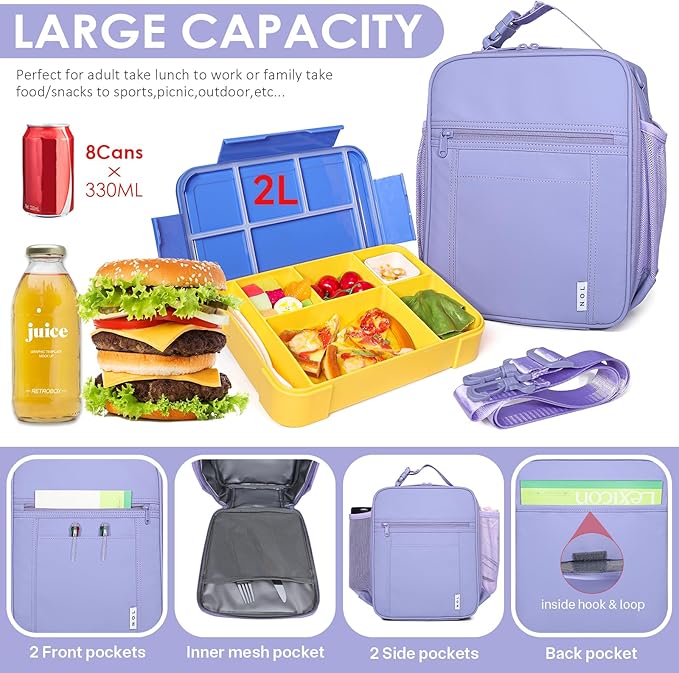 NOL Nylon Waterproof Kids Lunch Bag, Insulated Lunch Bag, Lunch box Cooler, Reusable, Zip Closure with Buckle Handle Holds Lunch Box, Snacks & Water Bottle for School Work,Light purple