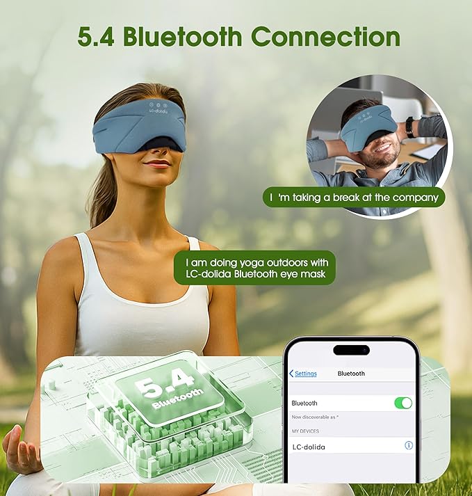 Sleep Mask with Headphones Bluetooth 5.4, LC-dolida Wireless Music Eye Mask for Sleeping Headphones with Soft Bamboo Cotton Cooling Breathable,Ultra-Thin Stereo Speaker for Side Sleepers-Ash Blue