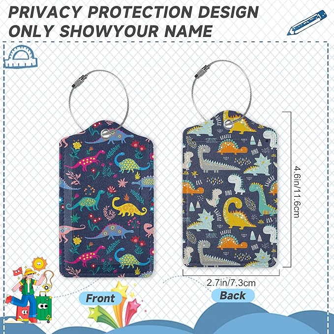 Set of 2 Luggage Tags for Suitcases, Leather Cute Cartoon Dinosaur Baggage Tags with Stainless Steel Loop, Privacy Name ID Card Cover Kawaii Travel Labels for Women Men Kids Girls