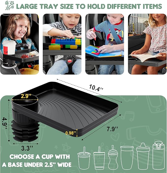 Upgraded Car Seat Tray for Kids Car Seat Tray with Expandable Base for Snacks, Toys, Books, Entertainment Kids Travel Essentials Fits 3.1''-3.5'' Cup Holders (1, Large Base)