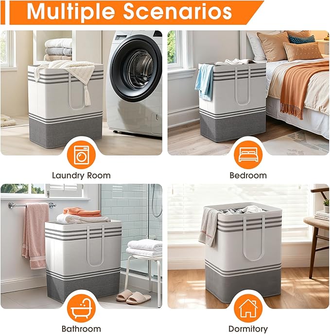 2 Pack Large Home Laundry Basket, Laundry Hamper, Freestanding Waterproof Dirty Clothes Bag, Tall Clothes Hamper - Extended & Reinforced Handles for College Dorm, Family (Light Grey/100L)