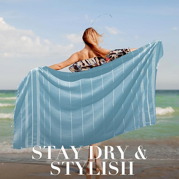 Turkish Beach Towel - 40x71 inch Oversized Sand Resistant Prewashed Turkish Towel - 100% Turkish Cotton Quick Drying, Compact, Lightweight Turkish Towel for Beach, Bath, Pool, Gym, Yoga
