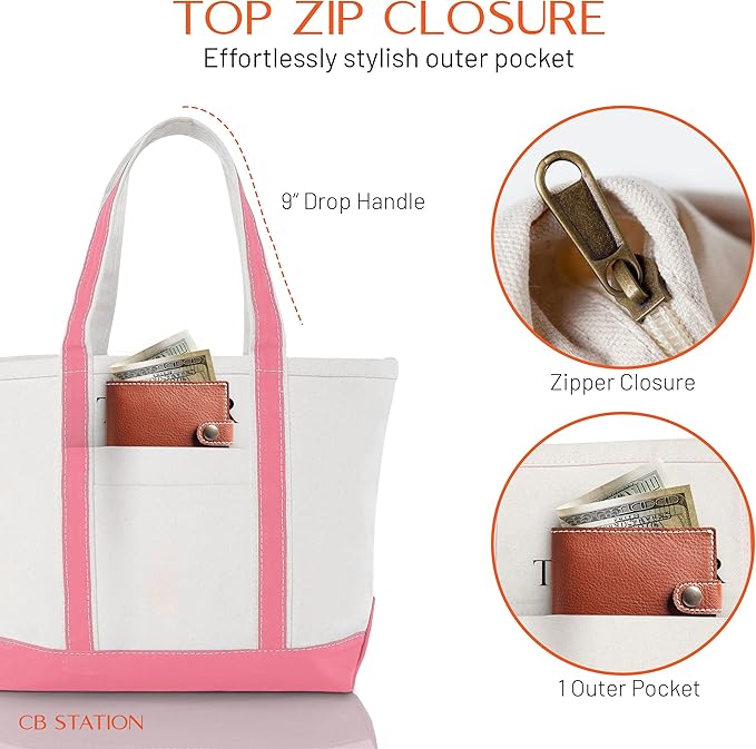 CB STATION Medium Classic Canvas Tote Bag for Women, Top Zipper Closure, Outer Pocket, Daily Essentials, Groceries, Traveling