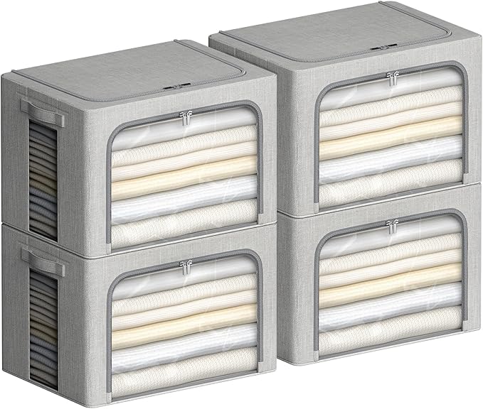 4 Pack Clothes Storage Bins with Metal Frame - Linen Fabric Foldable Stackable Container Organizer Set with Clear Window & Carry Handles & Zippers (Light Grey, 23.6"x16.5"x15.7")
