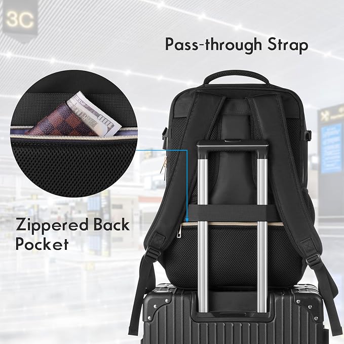 MOMUVO Large Travel Backpack Women, Flight Approved Carry On Backpack, Water Resistant Anti-Theft Casual Daypack School Bag Fit 17 Inch Laptop with USB Charging Port, Black