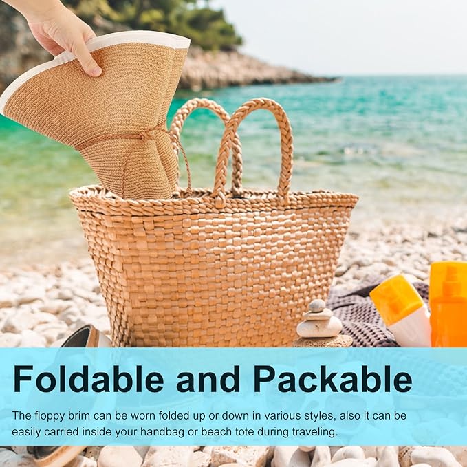 DRESHOW Beach Hats for Women Big Straw Wide Brim Summer Hat Floppy Foldable Roll up Cap Sun Hat UPF 50+