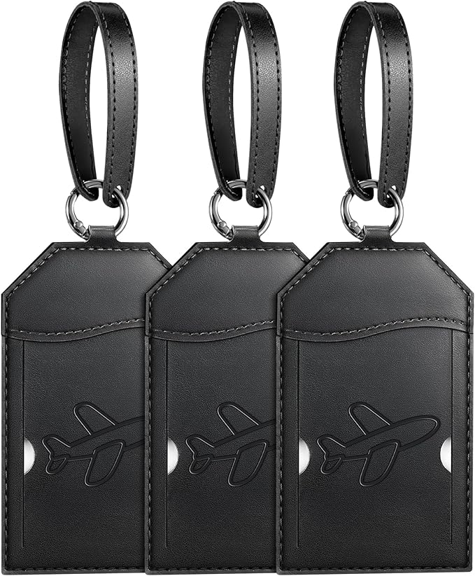 Mayski Luggage Tags for Suitcases 3 Pack Suitcase Bag Tags, TSA Approved, Metal Buckle, Bag Tags with Name ID Card Travel Essentials, Black Airplane