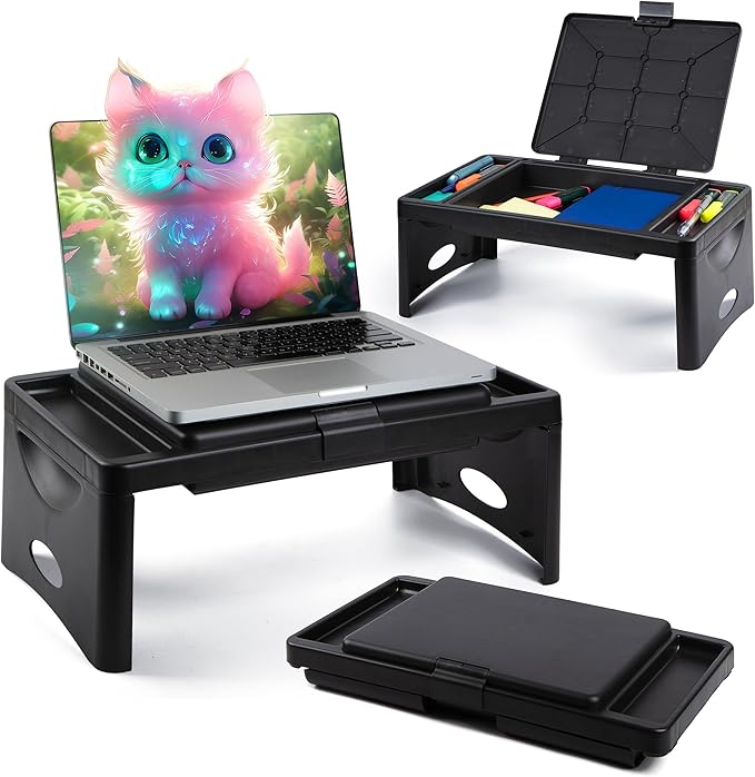 Loddie Doddie Folding Lap Desk & Bed Table - 9.75 x 12 in Black Sturdy Plastic - Portable Desk for Bed with Storage Pocket & Accessory Trays - Laptop Tray & Lap Table for Kids