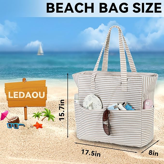 LEDAOU Beach Bag Waterproof Sandproof Women Tote Bag Pool Bag with Zipper for Gym Grocery Travel with Wet Pocket