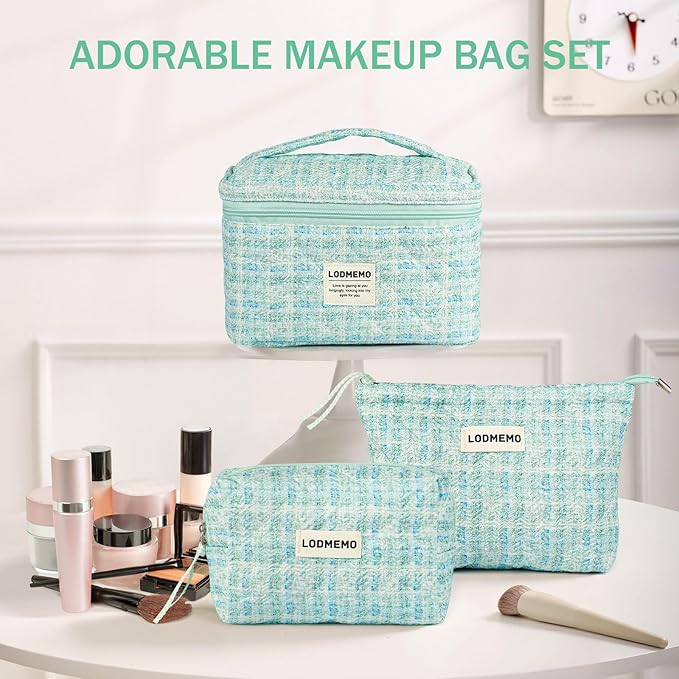Makeup Bag 3 PCS Quilted Cosmetic Bags for Women, Large Travel Make up Bag Set Cute Cotton Toiletry Bag Organizer Pouch for Purse, Green