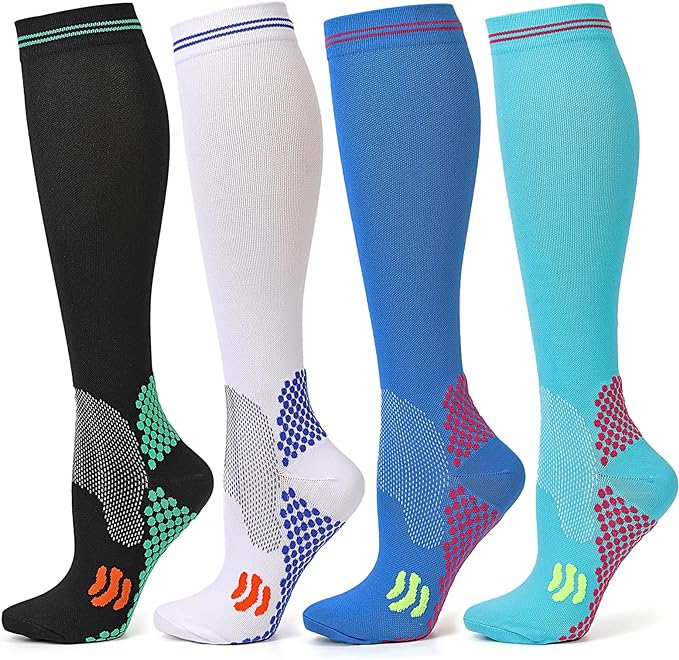 Kickticks 4 Pairs Compression Socks for Woman & Man Unisex 20-30mmHg Knee high Plus Size Wide Calves for Flying Running…