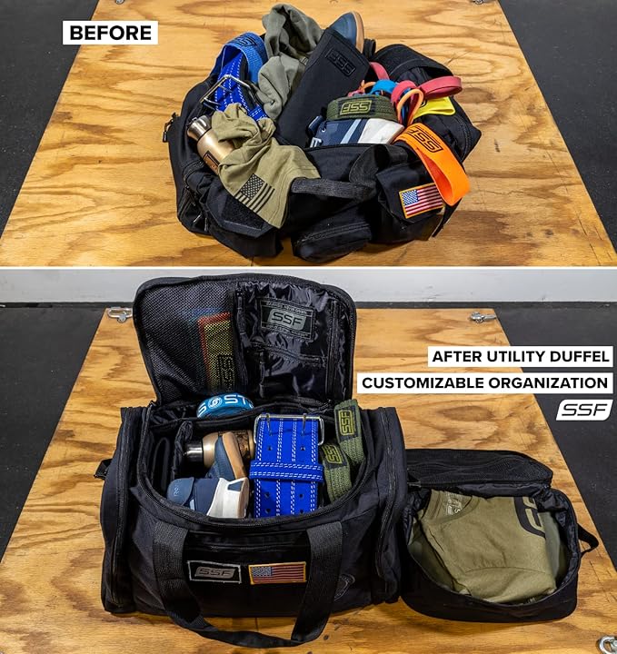 Serious Steel Fitness Gym Bag With Moveable & Removable Dividers Made from 1000D Nylon (Utility Duffel - Black)