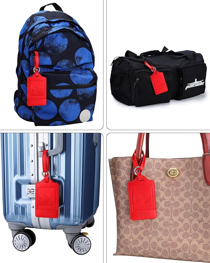 Teskyer Luggage Tags, 3 Pack Premium PU Leather Luggage Tags for Suitcases, Privacy Protection Travel Bag Tags, Red