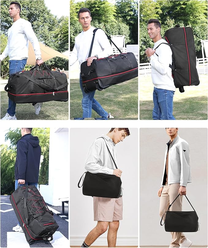 CONTAIL 32”110L Expandable 140L Rolling Duffle Bag with 2 Inline Wheels,Convertible Weekend Travel Bag with Bungee-Cord System,Black-red