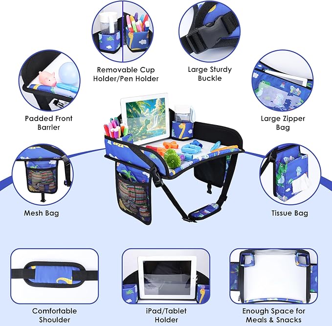 Kids Travel Tray for Airplane - Toddler Car Seat Table Tray, Road Trip Essentials for Boys & Girls, Carseat Lap Desk for Kids Road Trip Activities,Blue Dinosaur