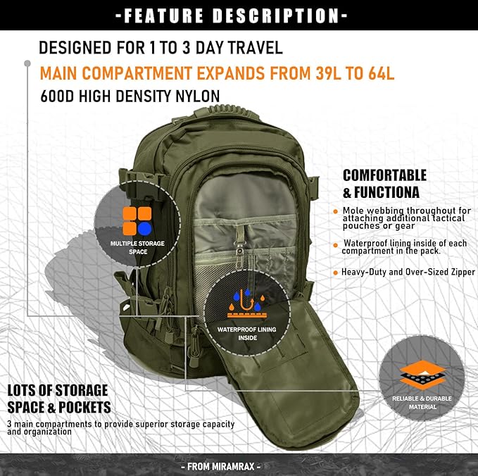 Tactical Backpack Military Backpacks for Men Army Expandable 3 Day Assault Pack Molle Backpacks Bug Out Bag for Camping Hiking Rucksack Fishing