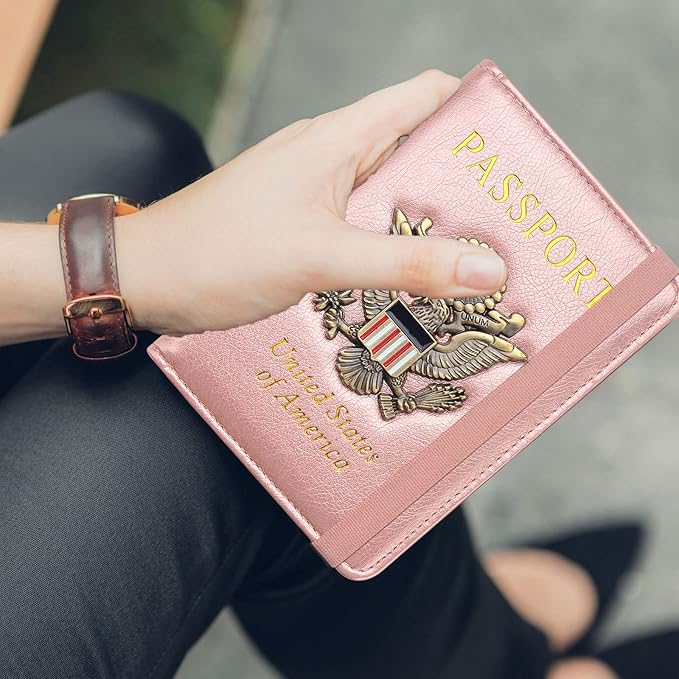 Passport Holder for Travel Passport Cover for Men Passport Wallet Case with Metal Badge Protector Leather Card Case RFID Blocking Women Travel Accessories Document Organizer (Rose Gold)