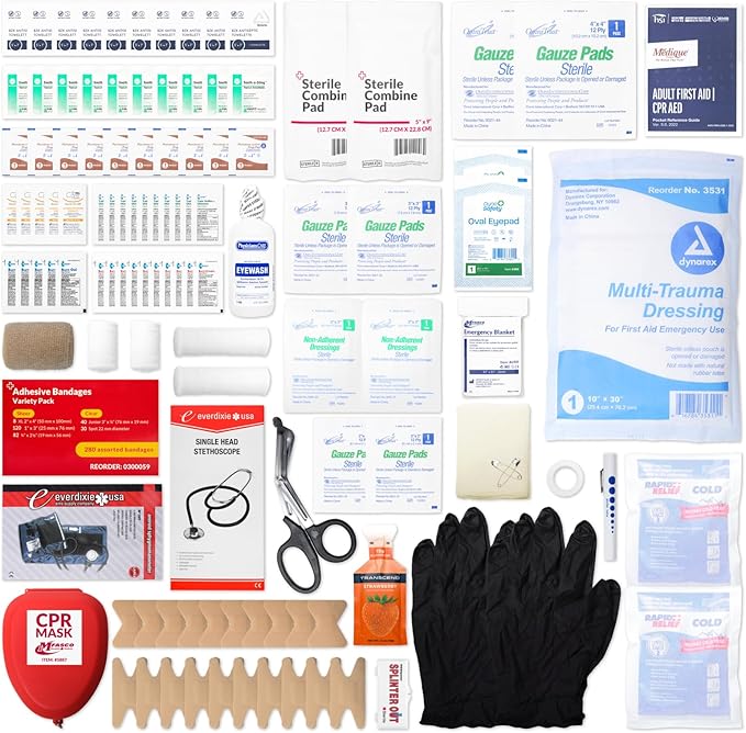MFASCO First Aid Kit - Fully Stocked Portable Reflective Bag -First Responder Emergency Response Kit -for Natural Disaster Preparedness - Customizable Storage -Includes 415 Pcs First Aid Supplies- Red