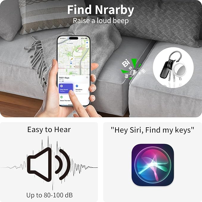 Air Tracker Tags-4 Pack, 5.3 Bluetooth Tracker Work with Apple Find My (iOS Only), 100dB Sound Finder, Smart Tags with Keychain/Lanyard, Item Finder for Luggage/Key/Suitcase, Replaceable Battery.