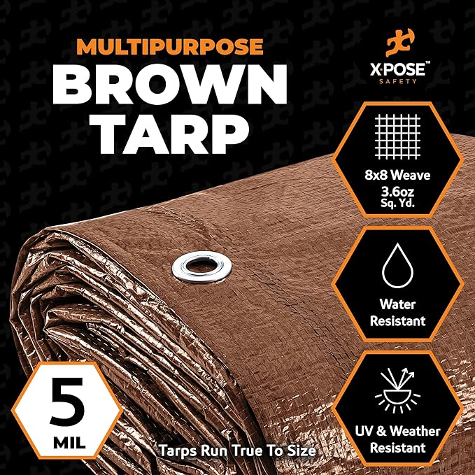 Multipurpose Protective Cover Brown Poly Tarp 30' x 40' - Durable, Water Resistant, Weather Resistant - 5 Mil Thick Polyethylene - by Xpose Safety