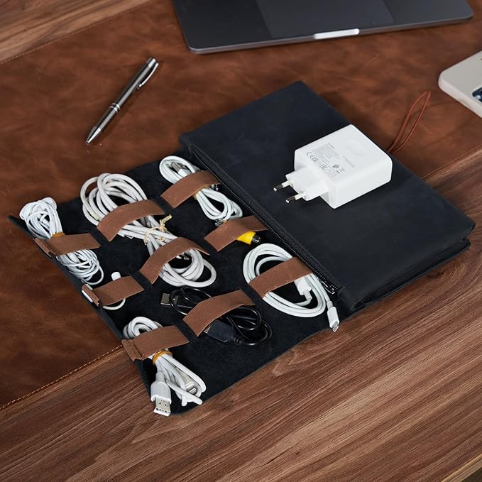 HARDISTON Custom Genuine Leather Electronic Cable Organizer Bag Handmade Travel Cord Organizer Roll Case for Hard Drives, Cables, Charger, Phone, USB, SD Card (Large - Black)