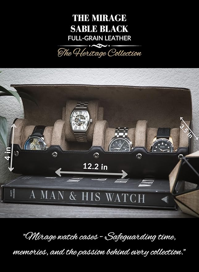 Watch Roll Travel Case 4 slots – Leather Watch Case Storage for Travel – Black Full Grain Cow Leather (Beige Interior)