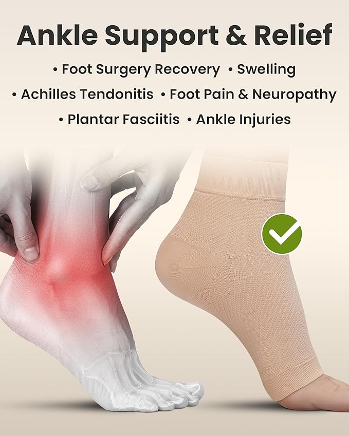 KEMFORD Ankle Compression Sleeve - Plantar Fasciitis Braces - Open Toe Compression Socks for Swelling, Sprain, Neuropathy, Foot Arch Support for Men and Women - 15-20mmhg, M, Beige
