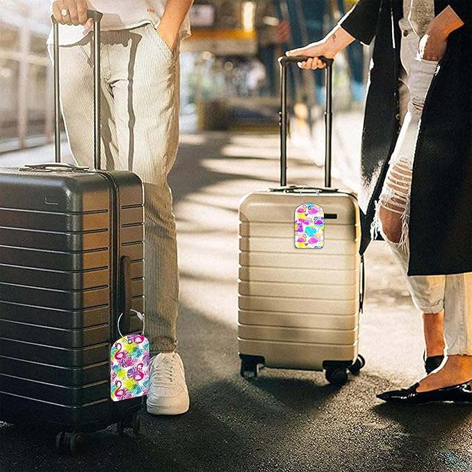 2 PCS Leather Luggage Tag for Suitcase Tropical Leaf and Flamingo Travel Suitcase Labels with Privacy Name ID Label and Stainless Steel Loop for Adults Teens Travel Bag Labels Set