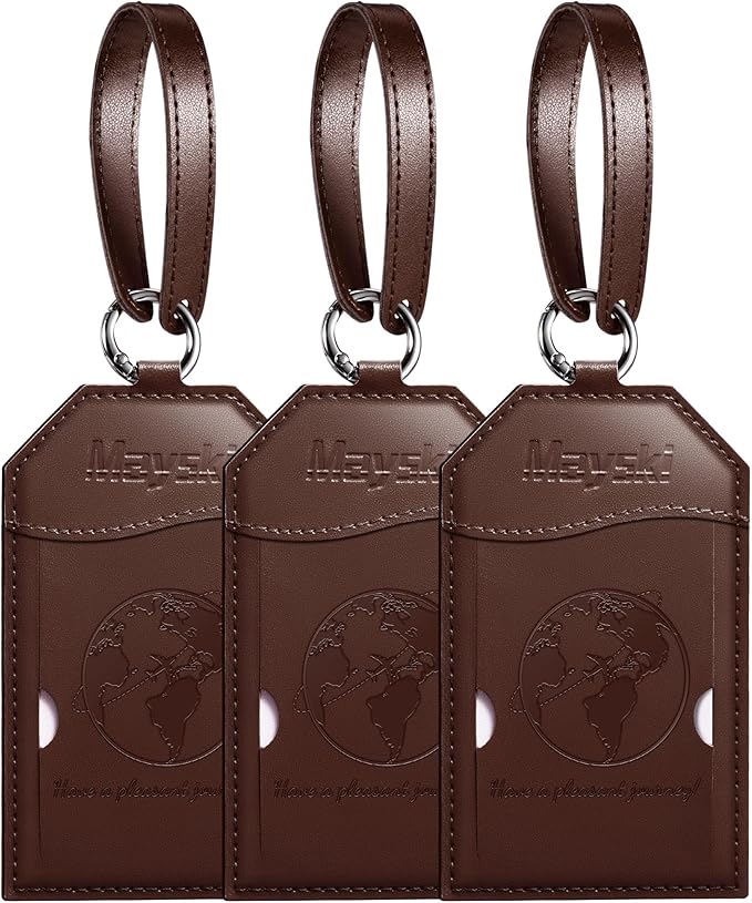 Mayski Luggage Tags for Suitcases 3 Pack Suitcase Bag Tags, TSA Approved, Metal Buckle, Bag Tags with Name ID Card Travel Essentials, Brown Global