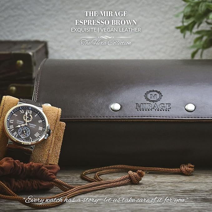 6 Watch Travel Cases for Men - Watch Roll 6 Slots Travel Organizer - Espresso Brown -Signature Hexa Collection