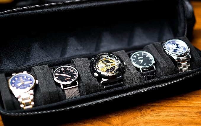 5 slots Hard men's watch travel case, Portable zipper storage organizer box with soft compressible foam pillow to fit large and small watches(Black, 5slot)