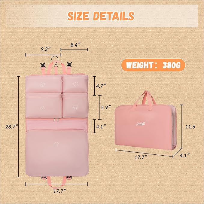 Hanging Packing Cubes,Garment Bags for Travel and Storage, Travel Apparel Bags for Men Women with 5 Solid Color Pockets, Storage Bags for Clothes, Socks,Underwear for Carry on Suitcase (Pink)