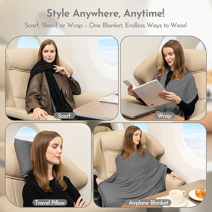 16-in-1 Compact Travel Blanket with Bag – Reversible, Ultra Soft Bamboo Airplane Blanket with Hidden Pocket - Lightweight & Packable for Flights, Camping, Picnic, Travel Essentials