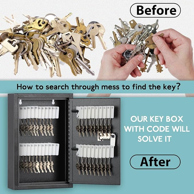 KYODOLED Locking Key Cabinet, 40 Key Storage Lock Box with Code, Key Box Wall Mount with Combination Lock, Key Hooks & Tags Key Labels, 2.5" D x 8" W x 12" H (Black,40 Key)