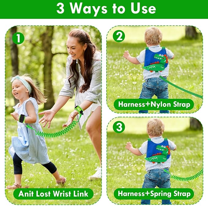Lehoo Castle Toddler Leash for 1-5 Years, Baby Safety Harness for Boys with Anti-Lost Key Lock & Adjustable Strap, 3-in-1 Wrist Leash and Kids Backpack Harness for Walking Travel (Dinosaur)