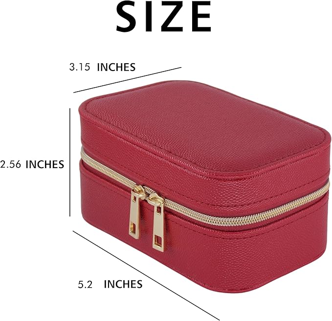 Small Jewelry Travel Case For Womens Small Rectangle PU Leather Jewelry Box With Zipper 2.56" H Portable Travel Jewelry Case For Earring Rings Necklaces Bracelets Red Jewelry Gifts Box