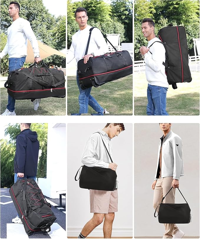 Rolling Duffle Bag with Wheels,110L/140L Expandable Soft-Sided Foldable Duffle Bag with 2 Rubber Wheels,Packable 32” Rolling Carry-On with Multi-Pockets & Compartments (Black Red)