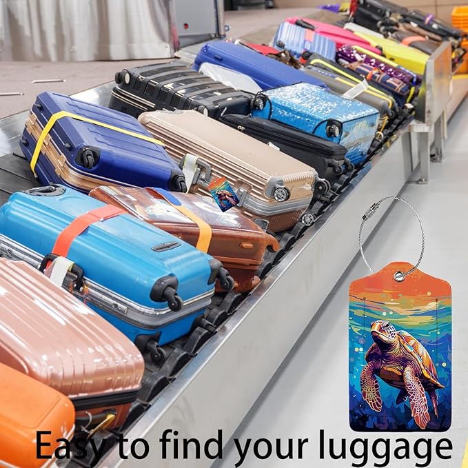 Colorful Wild Sea Turtle Luggage Tag Personalized Luggage Tags for Suitcases,Leather Bag Tags for Backpacks Handbag with Name ID Label Travel Essentials Baggage Tags 2 Pack