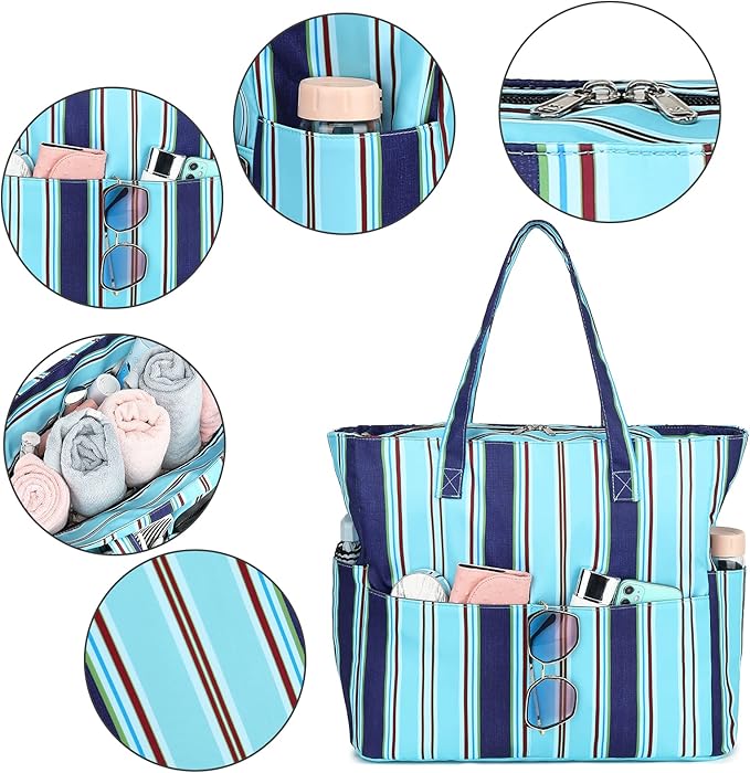 LEDAOU Beach Bag Waterproof Sandproof Women Tote Bag Pool Bag with Zipper for Gym Grocery Travel with Wet Pocket
