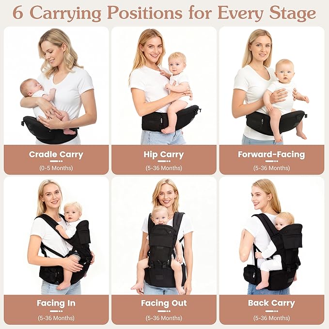 Baby Carrier Newborn to Toddler, 6-in-1 Baby Carrier with Hip Seat Lumbar Support 7-45lbs, Baby Soft Carrier for All Seasons & Positions, Adjustable Size for Shopping Hiking Travelling Black