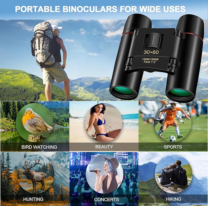 Compact 30x60 Binoculars for Adults and Kids,Foldable Lightweight Easy Focus Small Binoculars for Bird Watching Travel Sightseeing Hunting Concert Theater Opera