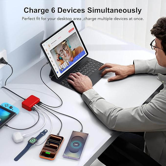 USB C Fast Charger 100W GaN 6 Port Type USB C Charging Station Hub Block Wall Charger Power Strip Adapter Plug Cube Brick 3 USB A for iPad iPhone 17 16 15 14 13 12 11 Pro Max