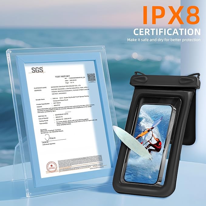 Waterproof Phone Pouch Double Pocket, Floating IPX8 8.5 inch Waterproof Phone Case for Beach Vacation Essentials for Compatible iPhone 16 15 14 Pro Max Galaxy S25 S24 Ultra Phone Pouch Black