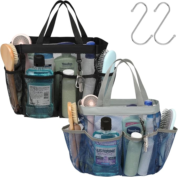 F-color Mesh Shower Caddy Portable - 2 Handles Upgrade Deeper 7 Pockets Basket Bag Tote for College Dorm Room Toiletry Bathroom Essentials Gym Camp Quick Dry with S Hook, 2 Pack, Black & Blue