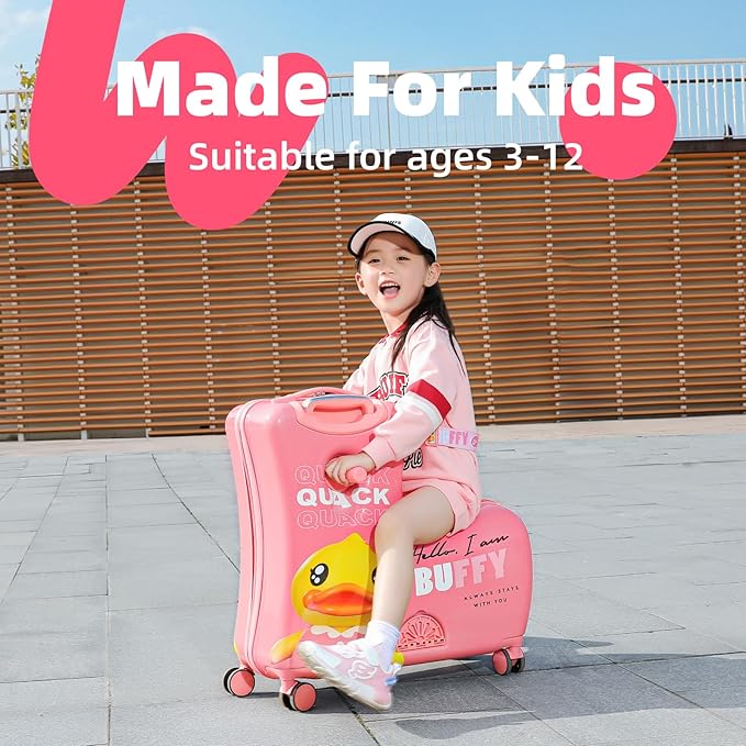 Kids' Lightweight Ride on Luggage with Spinner Wheels & Foldabe Design (Pink Duck, 24"+ Aged 3-12 Toddler)